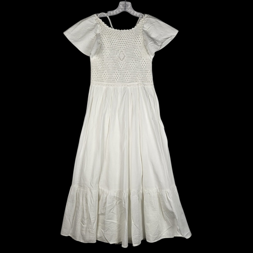 Zara Linen Maxi Dress Medium White Tiered Crochet Front Open Back Cottagecore